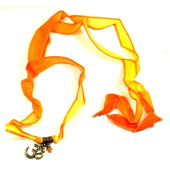 Orange Crinkle Chiffon Ribbon Lanyard Necklace with dold Tone Dangle Charms - Picture 1 of 4